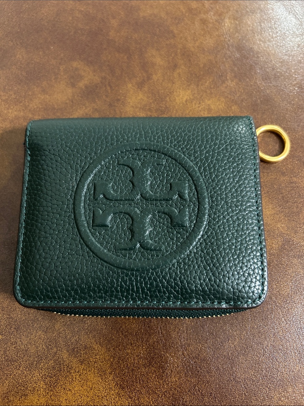 Tory Burch Dark Green Pebbled Leather Card Case with Gold Key Ring